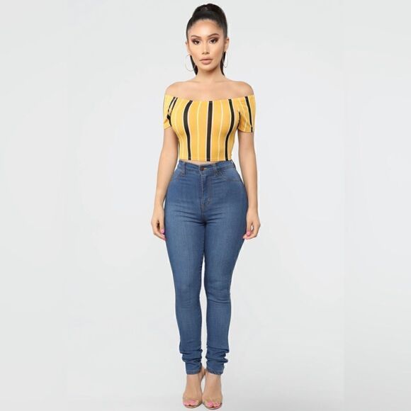 Trendy Vibes: NWT Stripe Down Top in Mustard/Combo - Picture 1 of 6